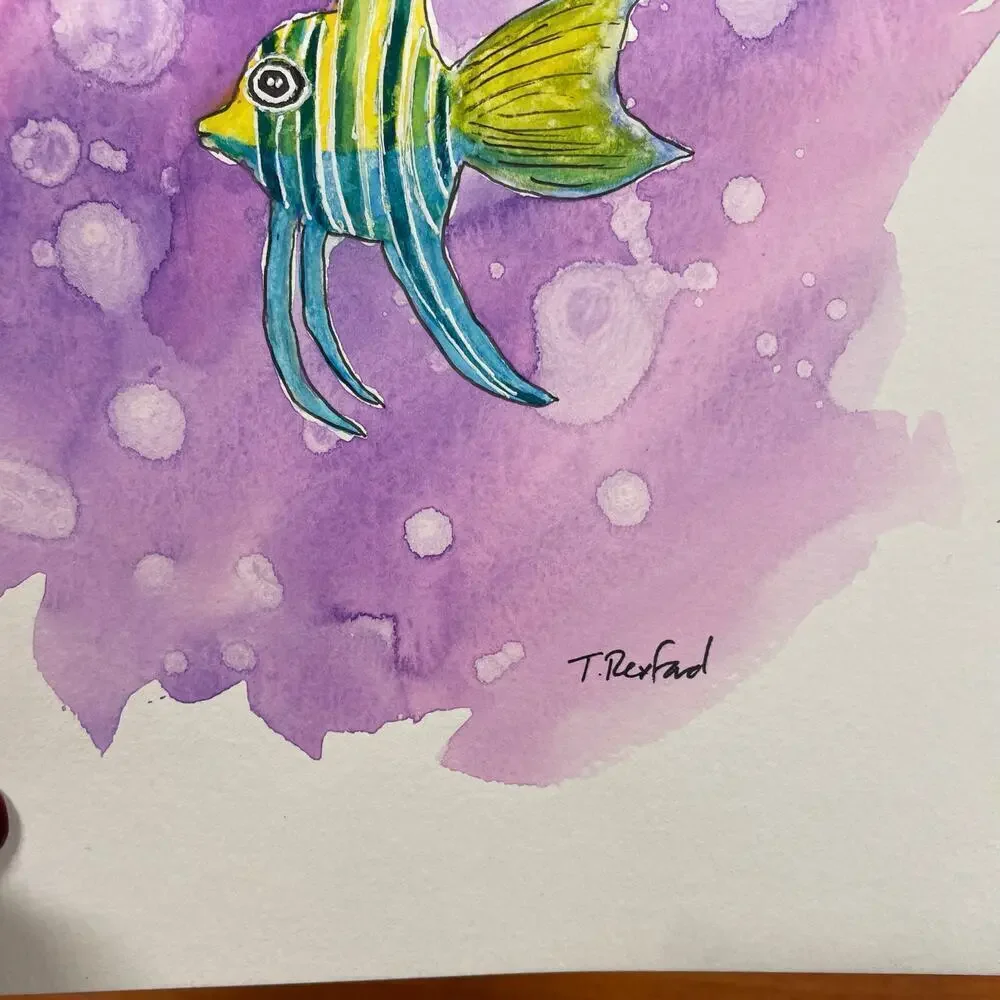 Hand painted watercolor original painting angel fish 10x7”